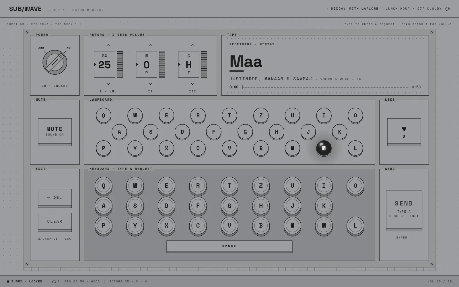 SUB/WAVE player — Cipher-3 skin in the Signal theme