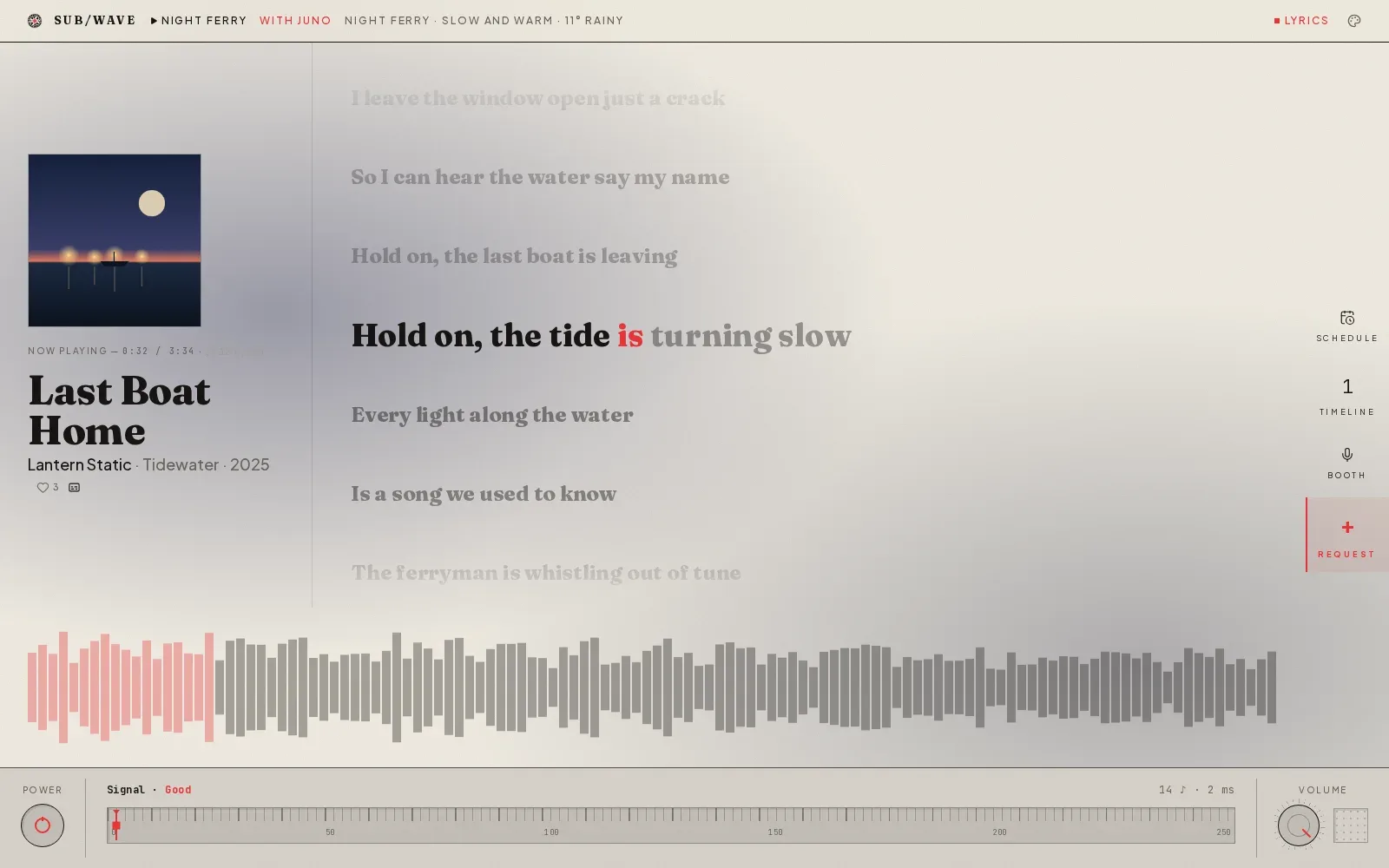 The Classic skin in Classic Light with lyrics on: the cover, title and artist of Last Boat Home in a column on the left, and the song's lines down the right, the line being sung large and dark at the centre with its newest word in vermilion, the lines around it fading, and the waveform below