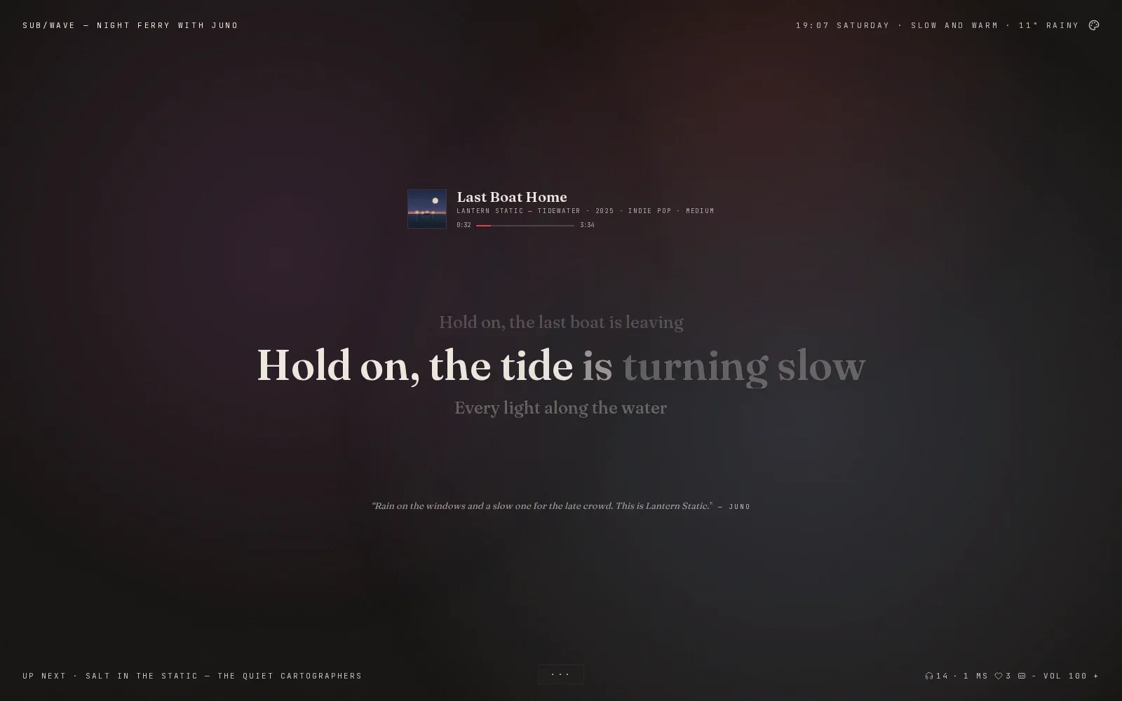 The Drift skin in Classic Dark with lyrics on: a small cover, the title and a progress line in one row near the top, then three lines of lyrics in the centre, the line just sung faint above, the line being sung large with its first words lit, and the next line below, with the DJ's last line in italics underneath