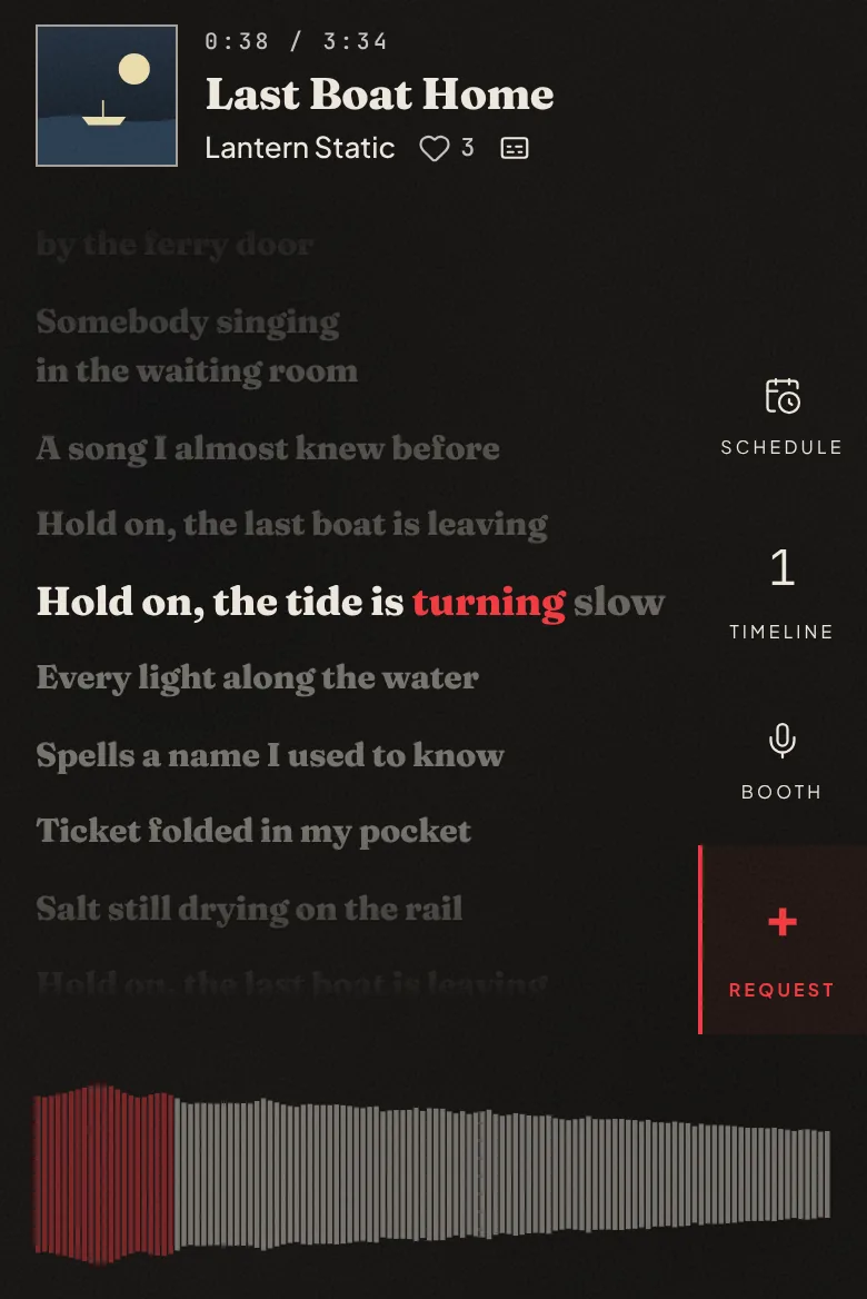 Classic on a phone in Classic Dark: a small cover beside the title Last Boat Home and Lantern Static in one row at the top, the song's lines filling the screen below with the sung line in white and its newest word in red, and the waveform along the bottom