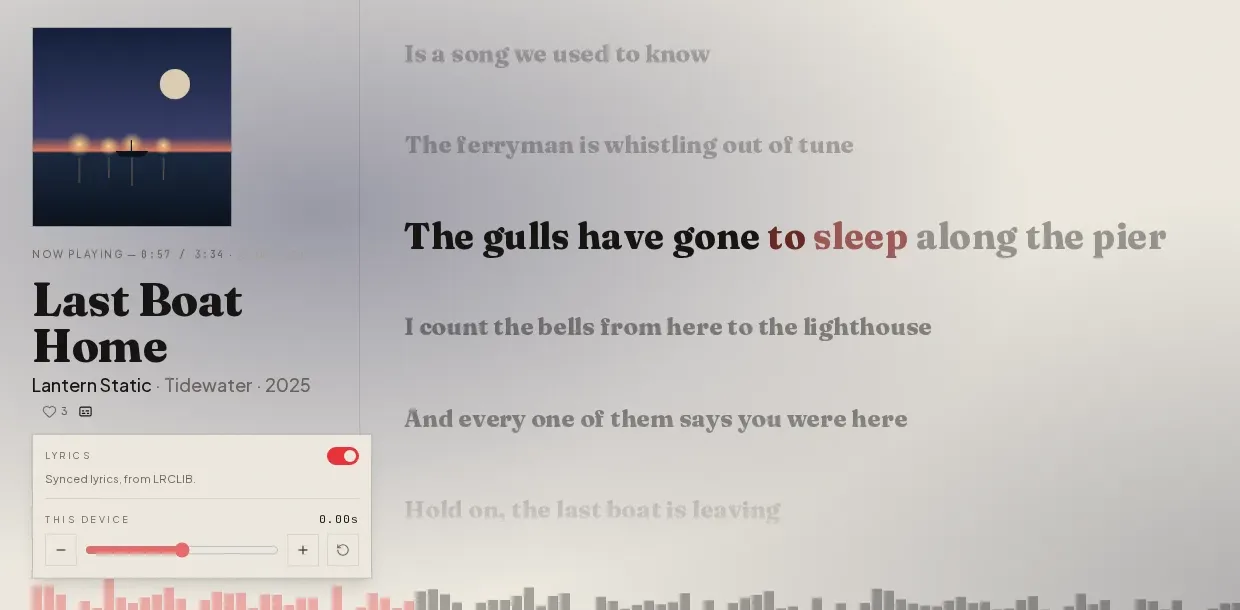 The lyrics settings open under the track title on Classic: a Lyrics switch turned on, the note Synced lyrics, from LRCLIB, and a This device timing slider at 0.00s with minus, plus and reset buttons, beside the column of lyrics
